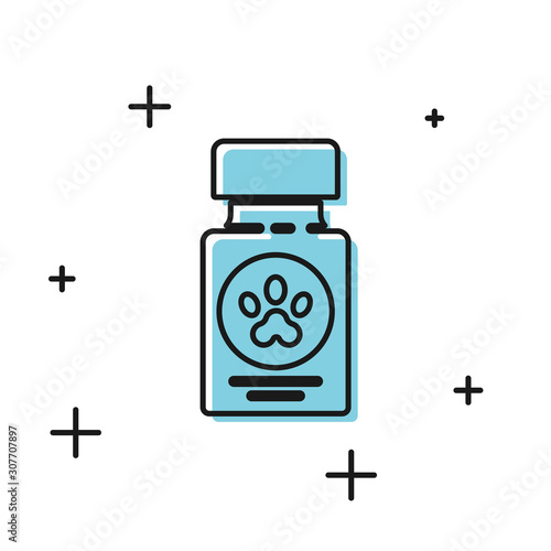 Black Dog medicine bottle and pills icon isolated on white background. Container with pills. Prescription medicine for animal. Vector Illustration