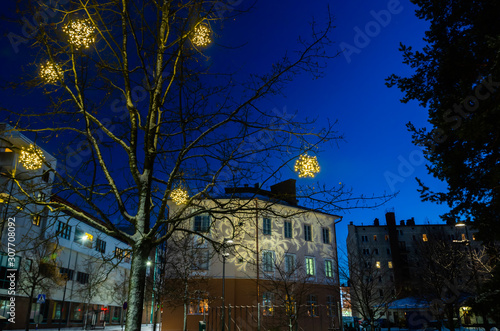 Kouvola, Finland - 30 November 2019: Christmas decorations in the central park of Kouvola with evening light illumination.