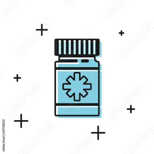 Black Dog medicine bottle and pills icon isolated on white background. Container with pills. Prescription medicine for animal. Vector Illustration