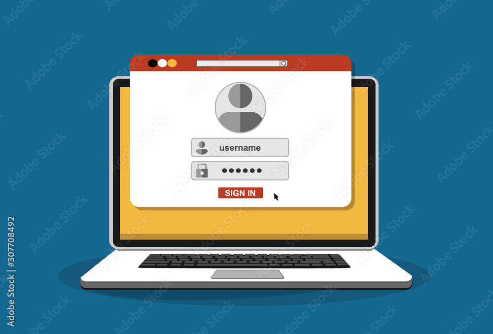 Login page on laptop screen. Notebook and online login form, sign in page. User profile, access to account concepts. Vector stock illustration. Login page on laptop screen. Notebook and online login form, sign in page. User profile, access to account concepts. Vector stock illustration.