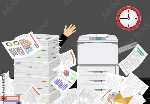 Businessman in pile of papers. Office multifunction machine. Paperwork, overwork, office. Printer copy scanner device. Proffesional printing station. illustration flat style