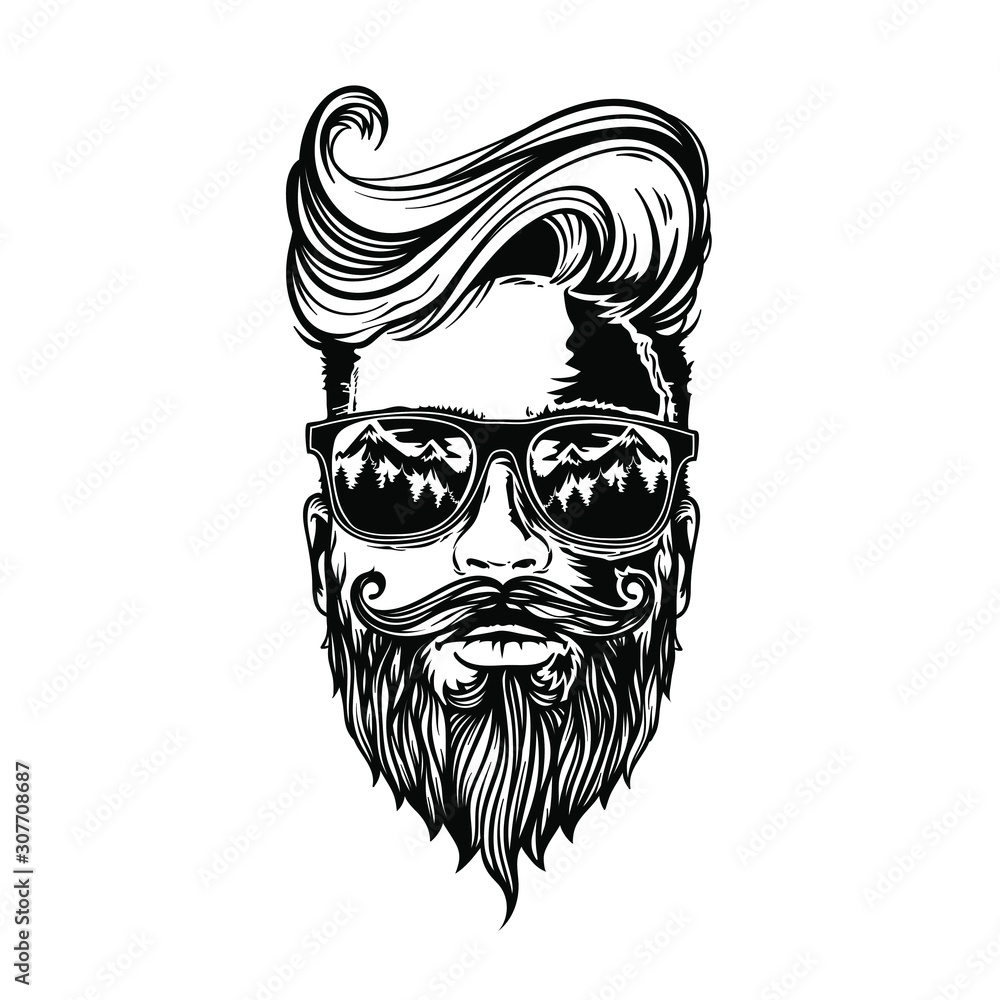 Vector Hipster man with beard, mustache and sunglasses, vector sketch ...