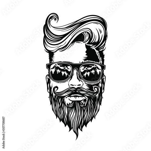 Vector Hipster man with beard, mustache and sunglasses, vector sketch face illustration isolated on white background