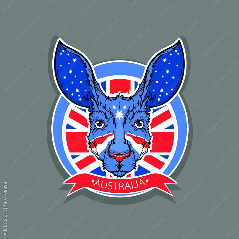 Aticker emblem logotype of Australia, animal face of kangaroo logo, vector illustration isolated on gray background
