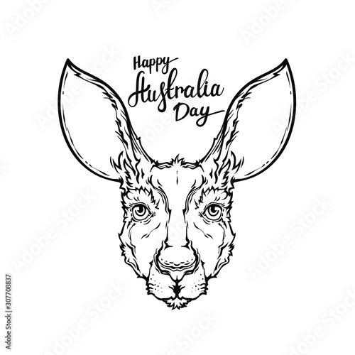 Happy Australia day lettering with kangaroo and lettering, vector illustration isolated on white background