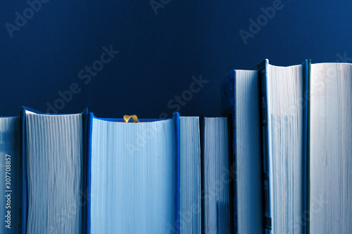 Writing and reading concept with bookshelf. Classic Blue - trend color of 2020