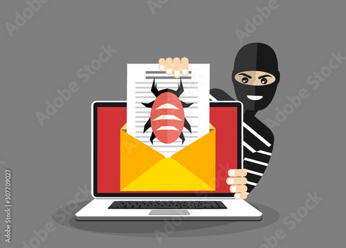 Thief hacker in mask. Laptop with virus, piracy, hacking. Flat vector illustration.