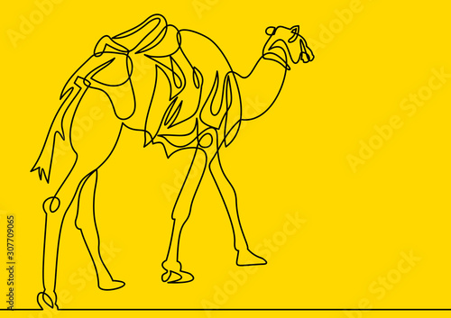 continuous line. The camel is walking in the desert.