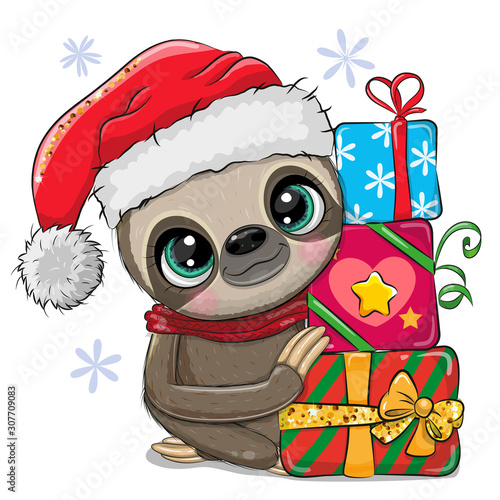 Cartoon Sloth with gifts in a Santa hat