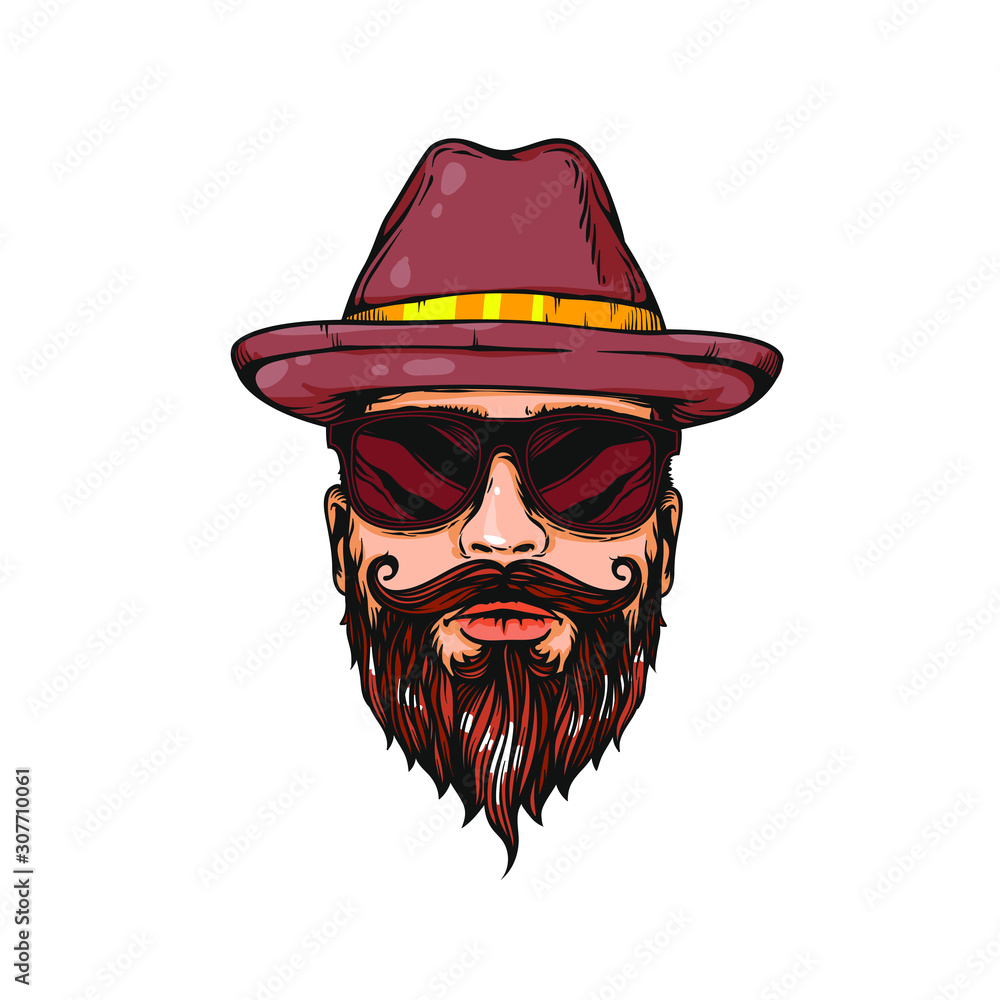 Realistic sketch of hipster man with beard, mustache, sunglasses and hat, vector portrait illustration isolated on white background