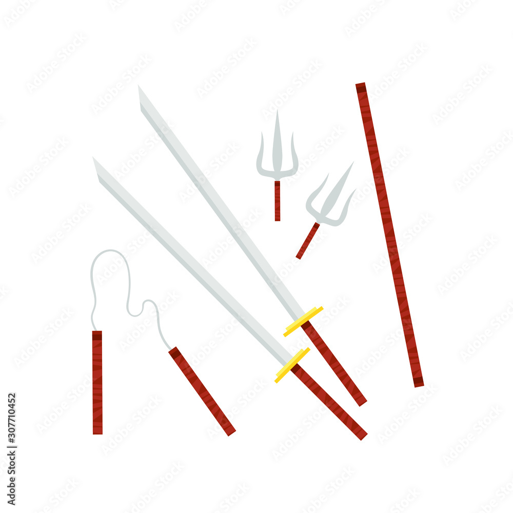 China weapon, katana, stick, sai, vector set illustration isolated on white background China weapon, katana, stick, sai, vector set illustration isolated on white background