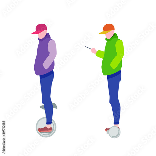 Flat cartoon set of two man riding on electric wheel, vector illustration in flat style of modern urban entertainment device, walking in the park