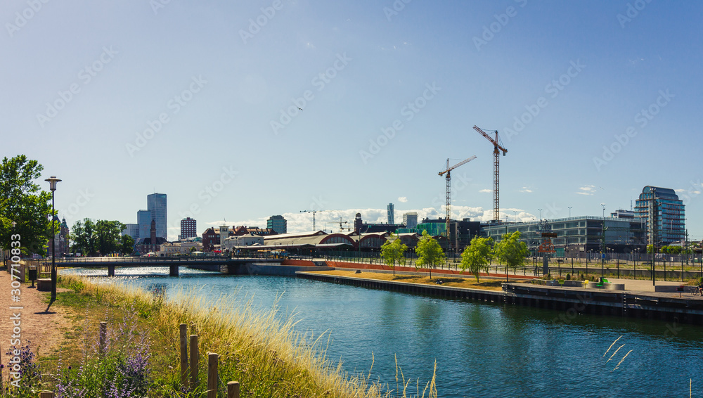 Panorama of Malmö Central Station and canal