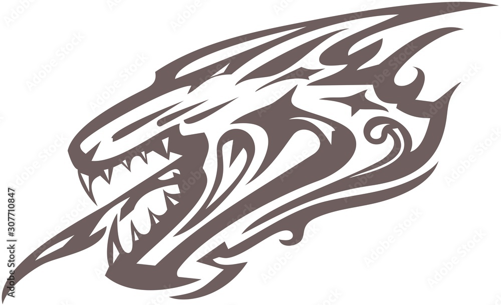 Aggressive wolf head symbol tattoo. Gray angry wolf tattoo clip art isolated on white