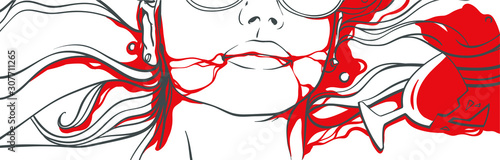 Killed woman with blood and glass of wine, vector line art doodle illustration isolated on white background