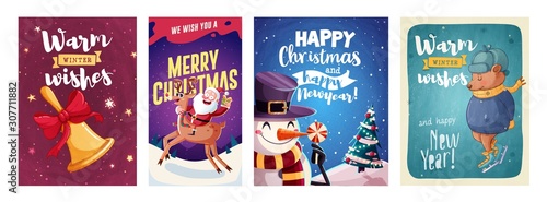 Set of Merry Christmas and Happy new Year greeting cards design with Christmas characters. Vector illustration