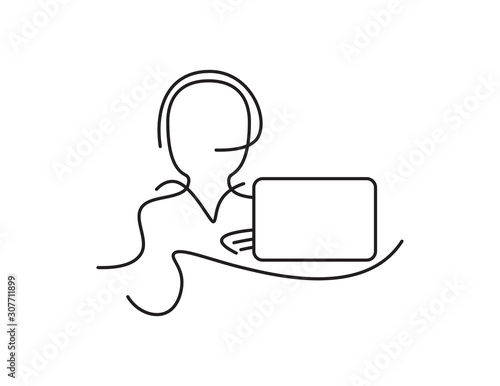 Black line art man with headset and laptop on White background