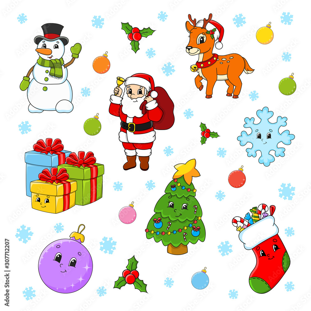 Naklejka premium Set of cartoon characters. Happy Christmas tree, Santa Claus, deer, snowman, gift boxes, sock, snowflake, ball. New Year and Merry Christmas. Hand drawn. Color vector isolated illustration.