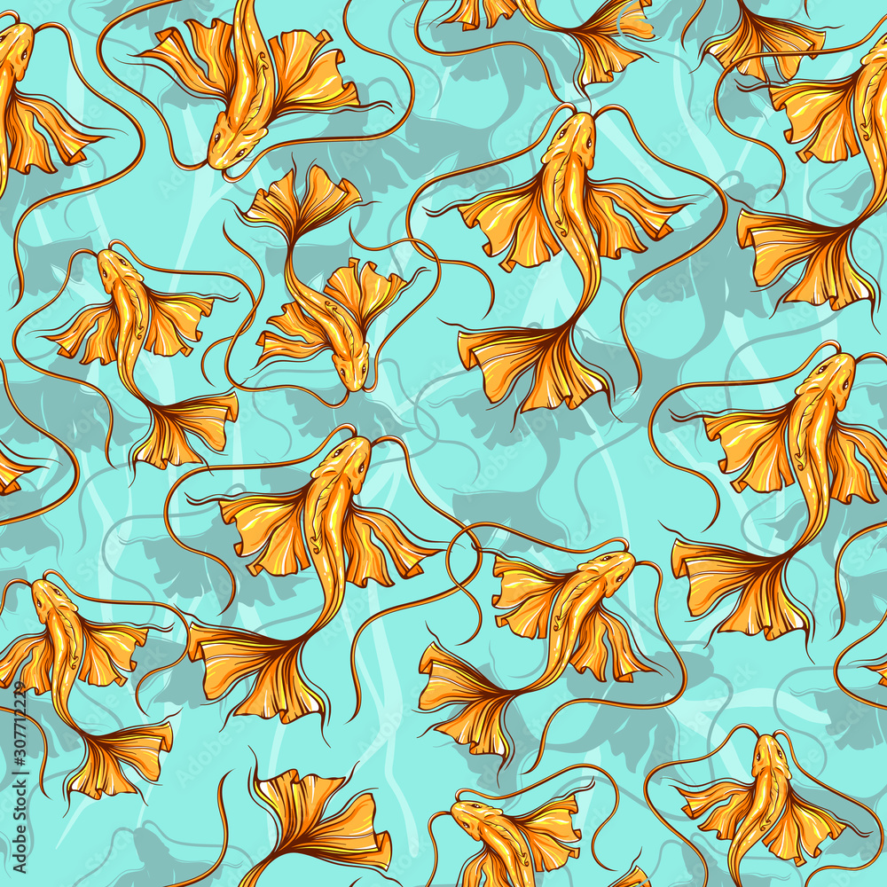 Repeat pattern with many gold koi fishes, vector illustration isolated on blue background with shadows of fish Repeat pattern with many gold koi fishes, vector illustration isolated on blue background with shadows of fish