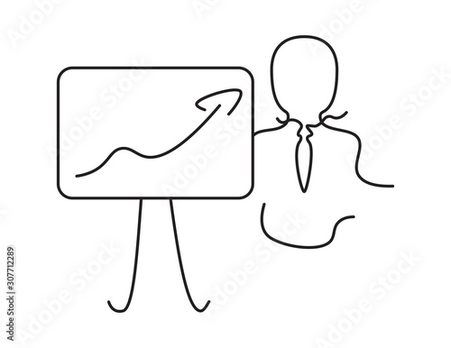 Black line art man with tie and presentation board with arrow on White background