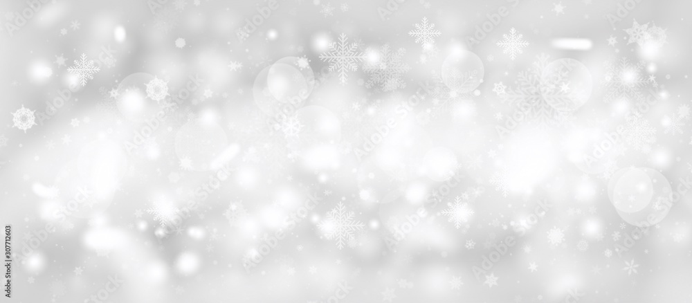 Gray abstract background with white snowflakes winter and bokeh stars blurred beautiful shiny light, use illustration Christmas new year wallpaper backdrop and texture your product.