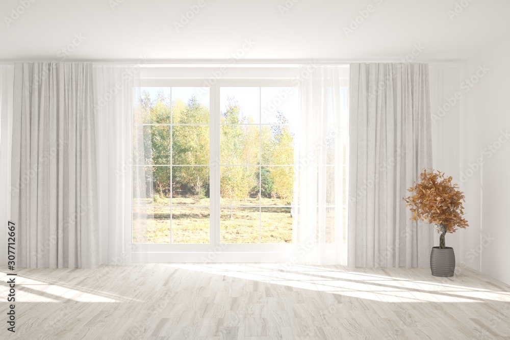 Stylish empty room in white color with autumn landscape in window. Scandinavian interior design. 3D illustration Stylish empty room in white color with autumn landscape in window. Scandinavian interior design. 3D illustration