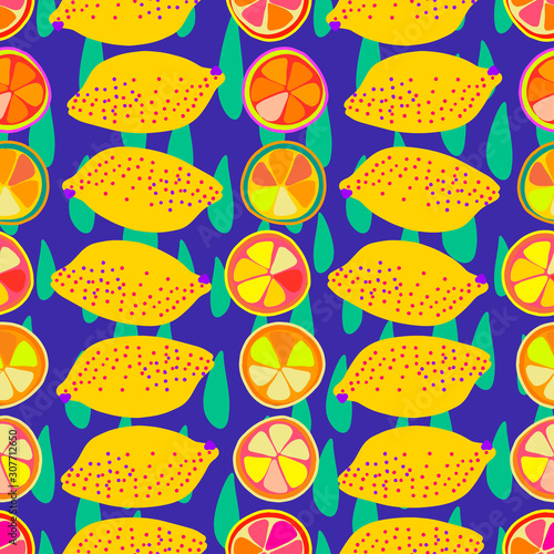 Modern seamless stylized design with citrus in pop-art style. Can be used for printing on paper, packaging, decorations, cards, textiles. 