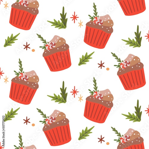 Festive Cristmas seamless pattern with cupcakes. Hand drawn design. Vector illustration on white background for home textile, wallpaper, decor, pakaging