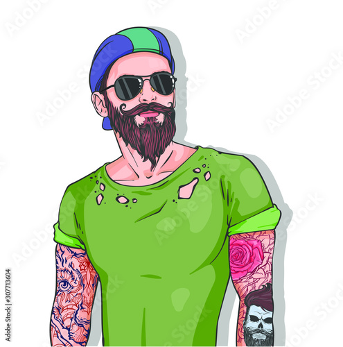 Vector illustration of a stylish hipster guy in a green T-shirt and in tattoos with a hat and sunglasses on a white background, bearded guy image for poster, print, banner, and advertising  © KoDIArt