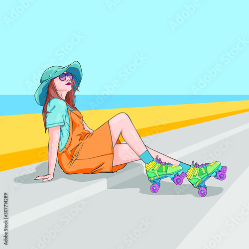 Beautiful  girl in sunglasses on roller skates on vacation vector illustration, Isolated vector illustration. Blue and yellow background, banner or poster for advertising trend illustration 