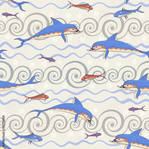 Minoan ancient culture.Ancient greece mythology.Background with minoan dolphin.Historical illustration.