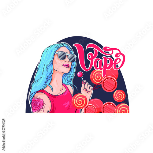 Vector illustration of a stylish girl with blue hair and tattoos holding a candy on a stick, vape logo design, on a white background with black color and candies, for print, poster, logo for store 