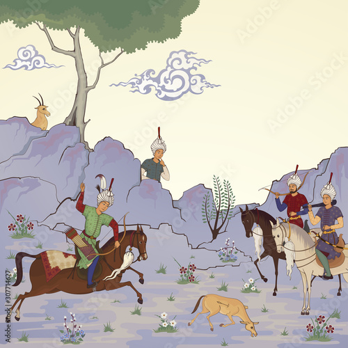 Eastern medieval.Mughal design.Historical illustration.Old style design.Persian miniature.