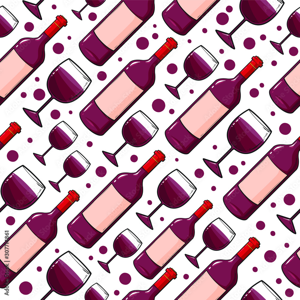 Wine pattern with many bottles and glasses, vector illustration isolated on white background Wine pattern with many bottles and glasses, vector illustration isolated on white background
