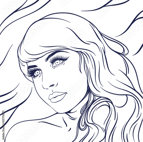 Vector portrait of a beautiful young girl black and white concept, trendy sketch girl black, great design for any purposes, fashion stylish trendy background, design for banner, print, poster, 