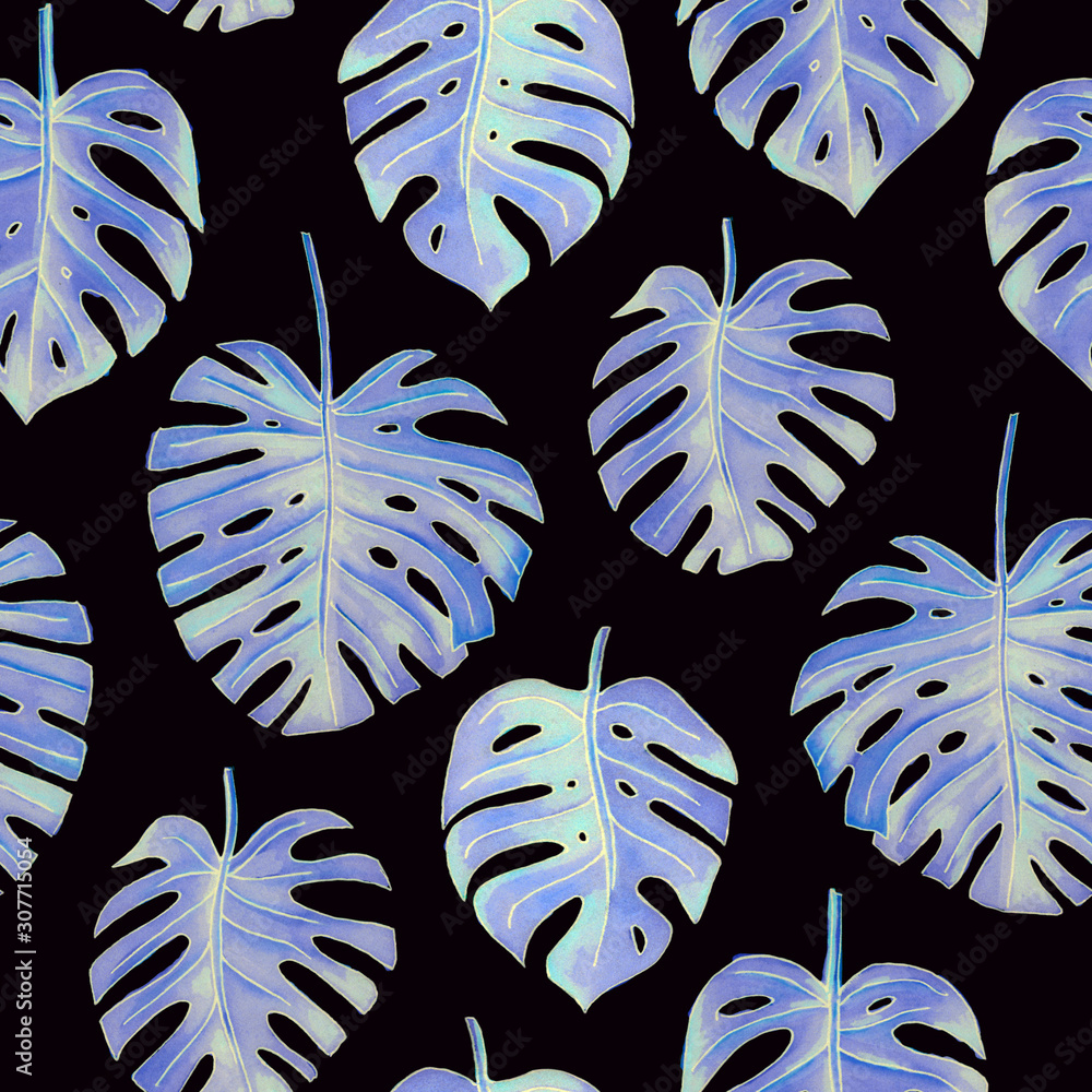 monstera blue holographic leaves, tropical print. seamless pattern on a ...
