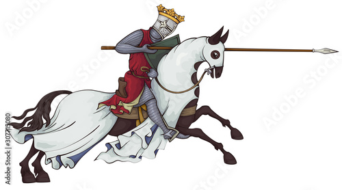 Medieval knight on horse.King.Rider in mail armor on horseback.Old style.Illustration. © tansy