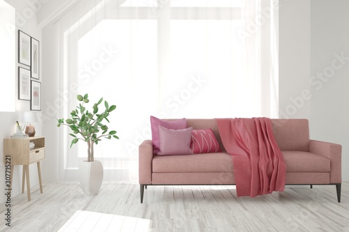 Stylish room in white color with pink sofa. Scandinavian interior design. 3D illustration