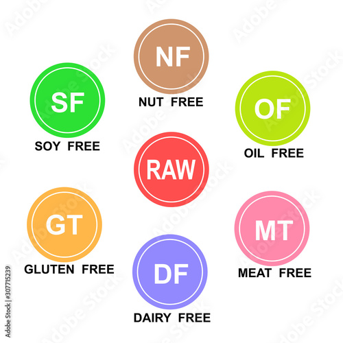 Set of seven vector symbols representing various food allergies and special diets, stock vector illustration