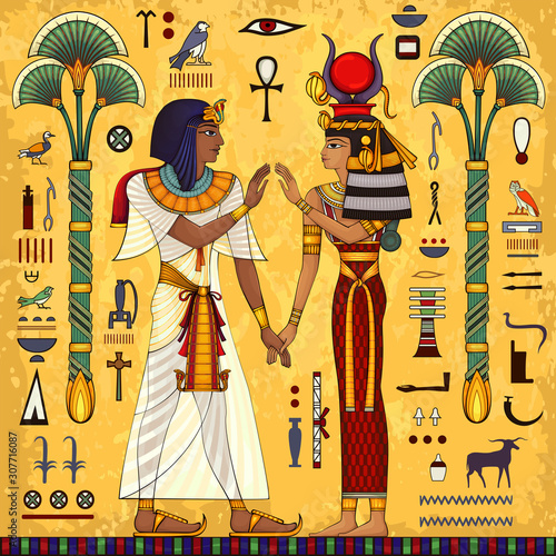 Ancient egypt mural.Egyptian mythology.Ancient culture sing and symbol.Historical background.Ancient goddess.