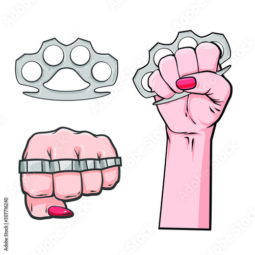 Woman hand with brass knuckles, vector realistic sketch hand drawn illustration set isolated on white background