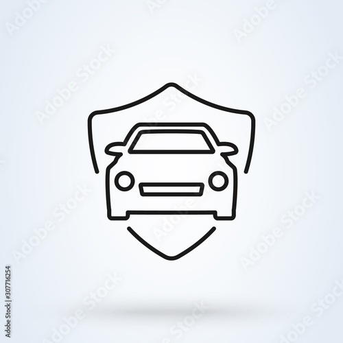 Shield and car Insurance. linear Simple vector modern icon design illustration.