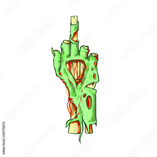 Zombie hand with middle finger, undead arm, vector illustration isolated on white background, line art sketch illustration