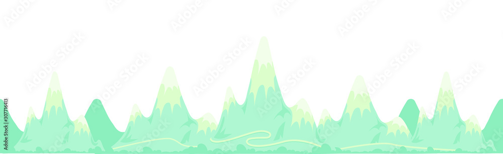 Repeat pattern with many mountains, road, forest, vector flat cartoon illustration