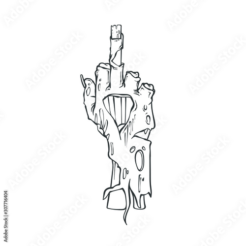 Zombie hand with middle finger, undead arm, vector illustration isolated on white background, line art sketch illustration