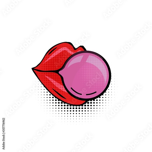 Woman pink lips with bubble of gum on pop art background. Vector illustration