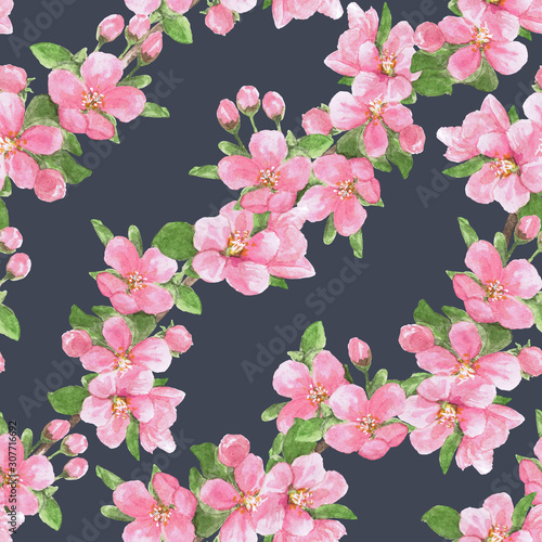 Watercolor illustration, seamless pattern with spring flowers, Apple twig on a gray-blue background, cute, delicate, romantic, pink, green. For textiles, Wallpaper, decor.