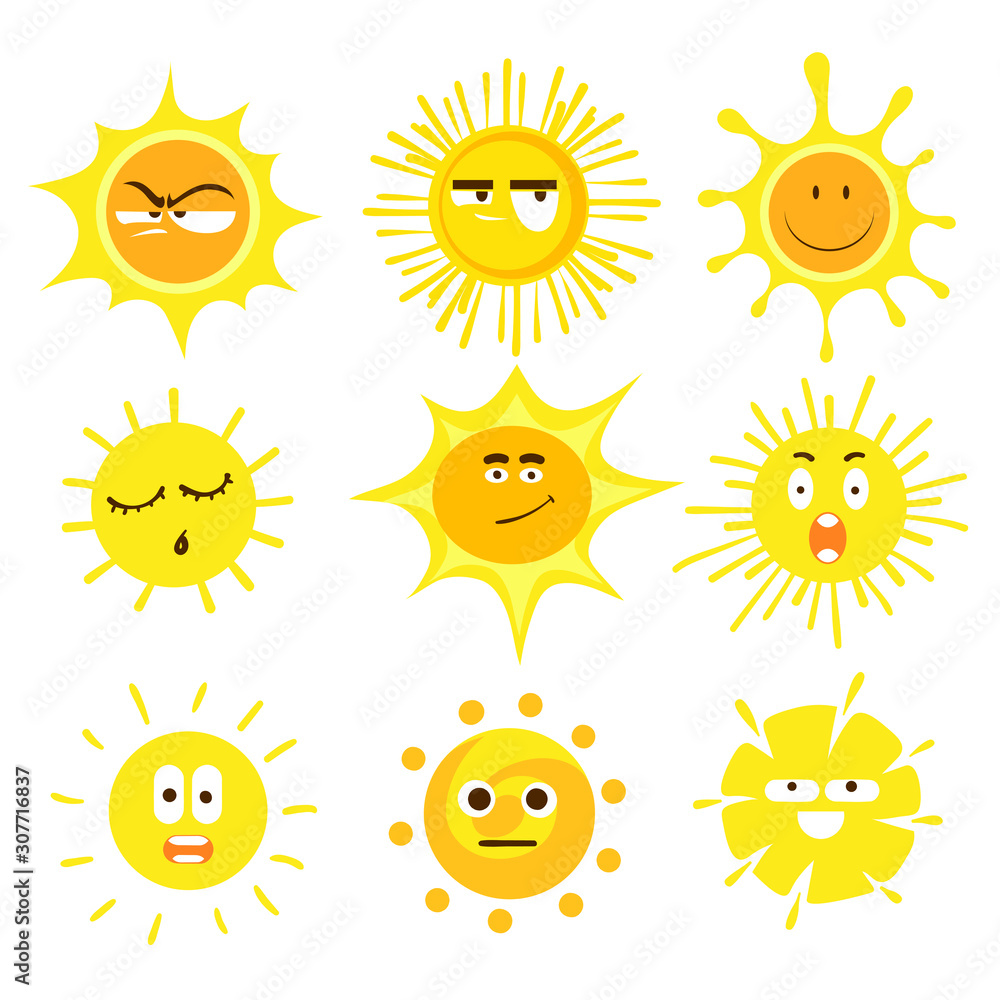 Flat cartoon set of sun, vector illustration isolated on white background Flat cartoon set of sun, vector illustration isolated on white background
