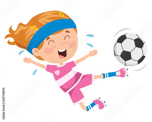 Little Child Playing Football Outdoor