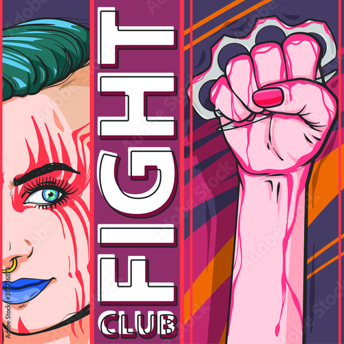 Vector print or poster for womens fight club, vector illustration with woman and hand fist with brass knuckles and blood